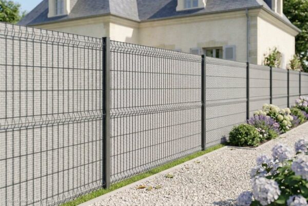 Rouleau occultant grillage rigide gris clair mis en place sur séparation mitoyenne