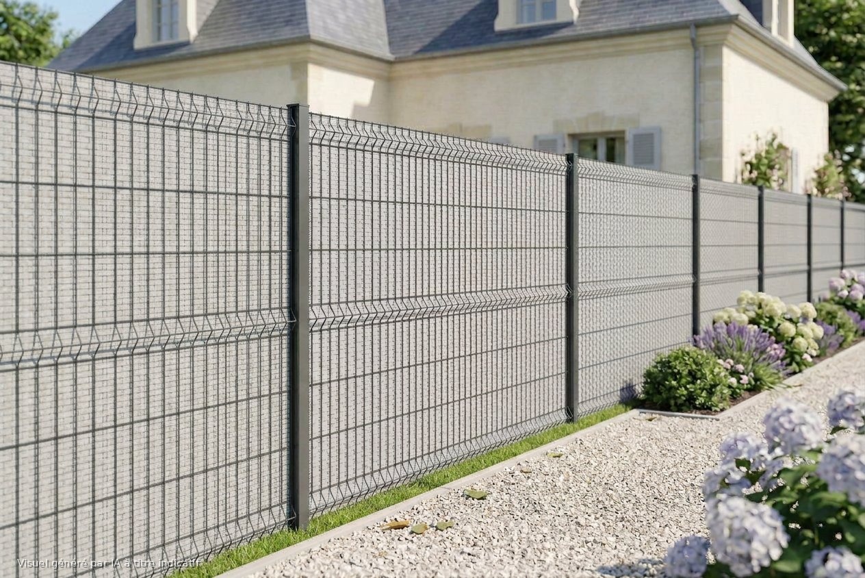 Occultant pour grillage rigide en rouleau résine tressée Lg.2,50 m – Gris clair 11 Rouleau occultant grillage rigide gris clair mis en place sur séparation mitoyenne