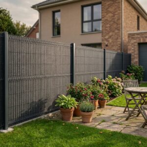 Visuel de l'occultant grillage rigide rouleau gris anthracite installé dans un jardin contemporain
