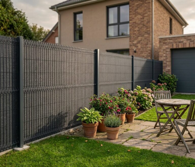 Visuel de l'occultant grillage rigide rouleau gris anthracite installé dans un jardin contemporain