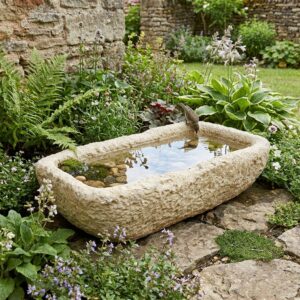 Abreuvoirs en pierre : image principale de l'auge basse avec référence 280021 positionnée dans un jardin