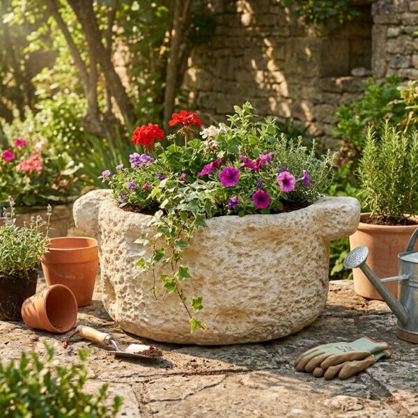 Image principale de l'auge en pierre ronde à poignées – Ø 52 cm avec des fleurs