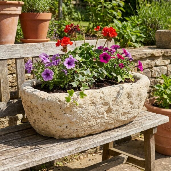 Auge en pierre ovale 59 × 36 cm avec fleurs, référence 280026