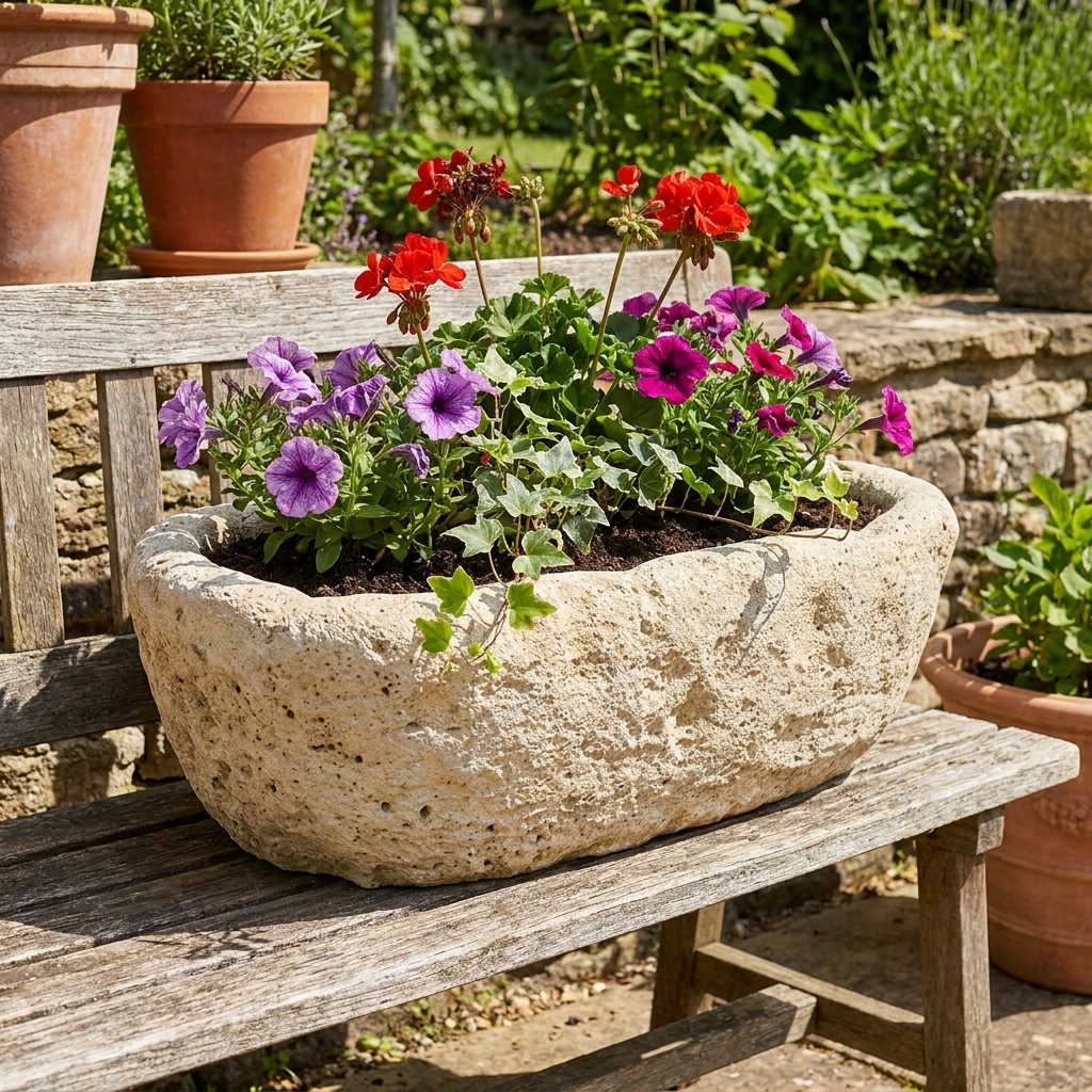 Auge en pierre ovale 59 × 36 cm avec fleurs, référence 280026