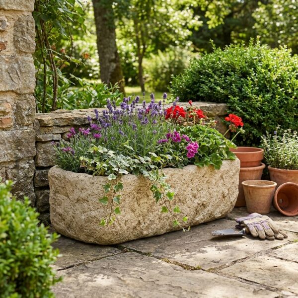 Image principale de l'auge en pierre pour jardin - ton vieilli, référence 220022, utilisée comme pot de fleurs