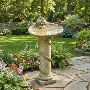 Bain d'oiseau sur pied fabriqué de façon artisanale en France représenté dans un jardin.