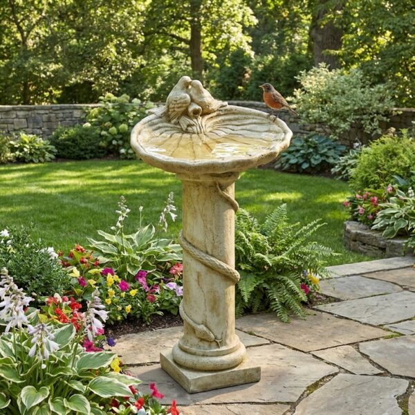 Bain d'oiseau sur pied fabriqué de façon artisanale en France représenté dans un jardin.