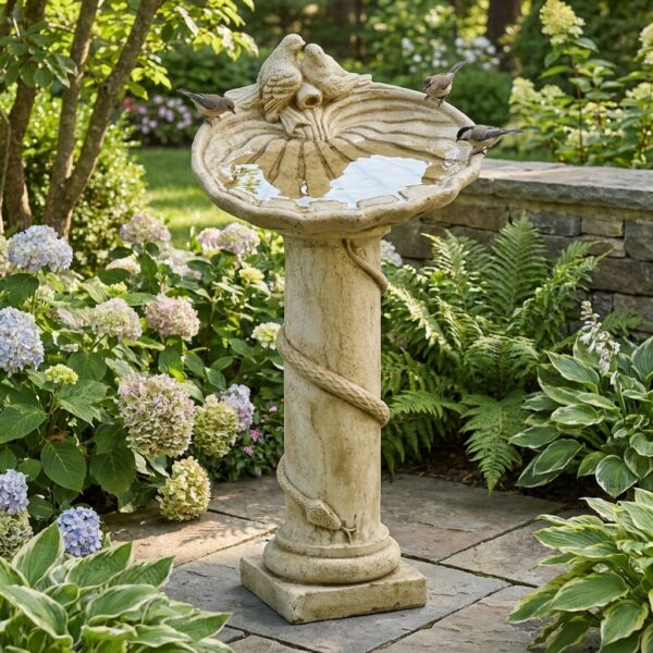 Bain d'oiseau sur pied fabriqué de façon artisanale en France représenté dans un jardin.