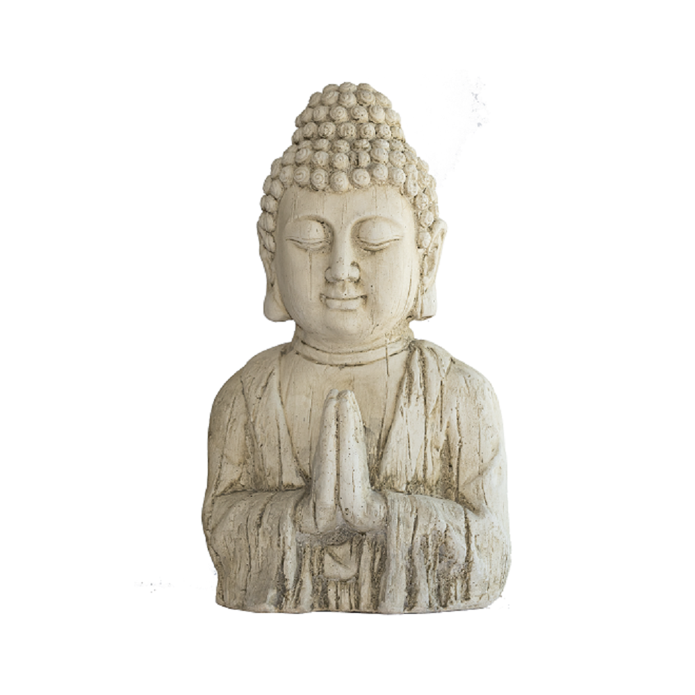 Buste de Bouddha de jardin - 49 cm - ton vieilli 1 Buste de bouddha de jardin en pierre reconstituée - produit principal. Illustration générée non contractuelle. Référence 215205.
