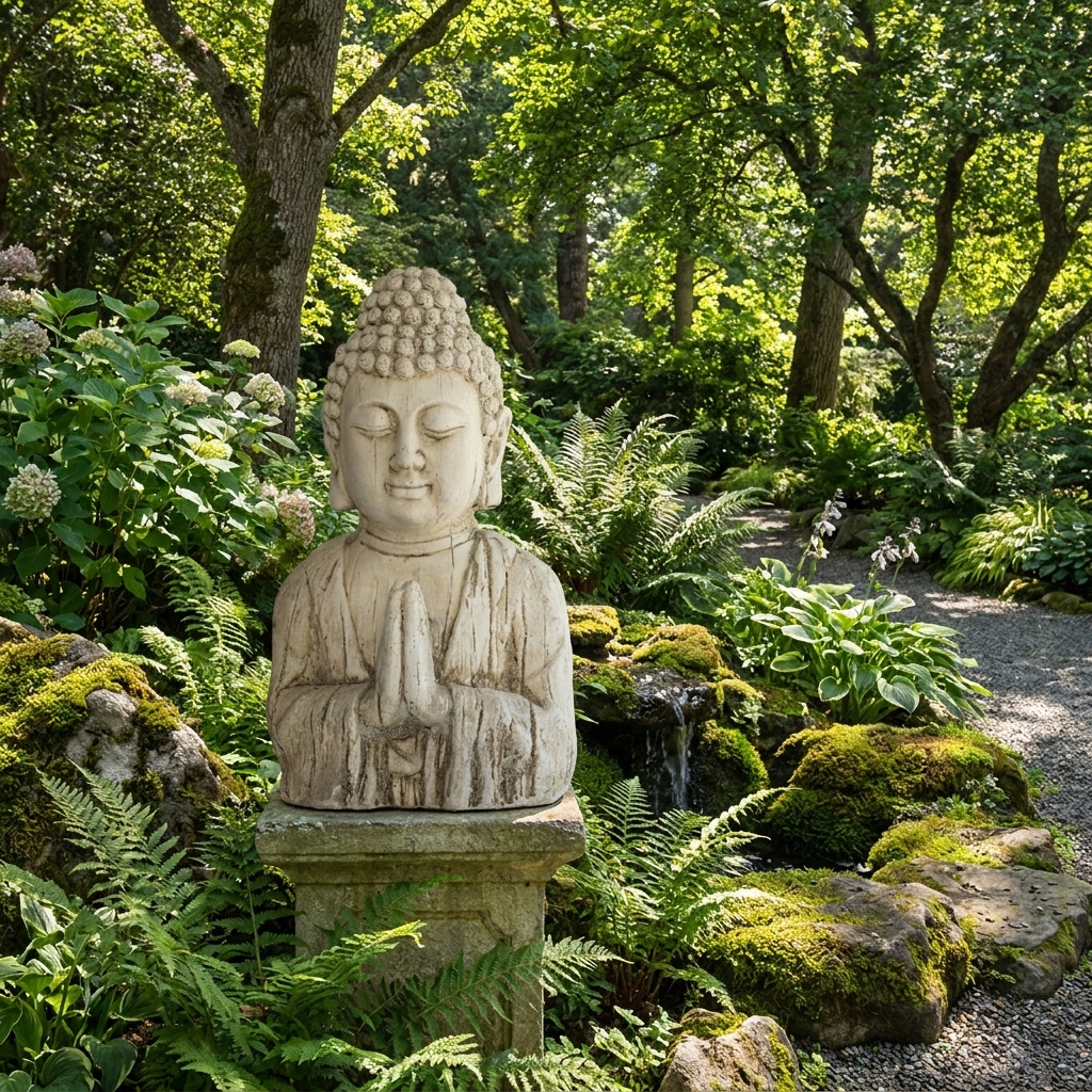 Buste de Bouddha de jardin - 49 cm - ton vieilli 2 bouddha de jardin en pierre reconstituée dans un environnement extérieur verdoyant, référence produit 215205
