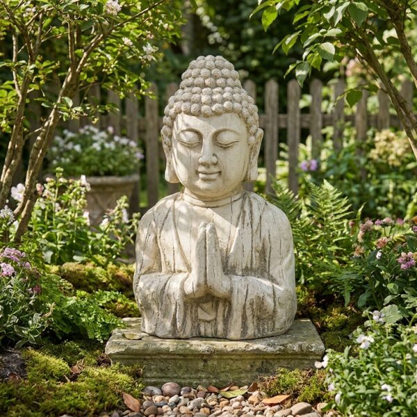 Buste de bouddha de jardin avec mains en position Dhyani Mudra entouré de végétation, référence produit 215205