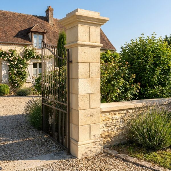 Kit pilier Chinon avec chapeau en pierre reconstituée - 40 × 40 cm - hauteur 236 cm - blanc près d'une entrée de maison, référence 212266.