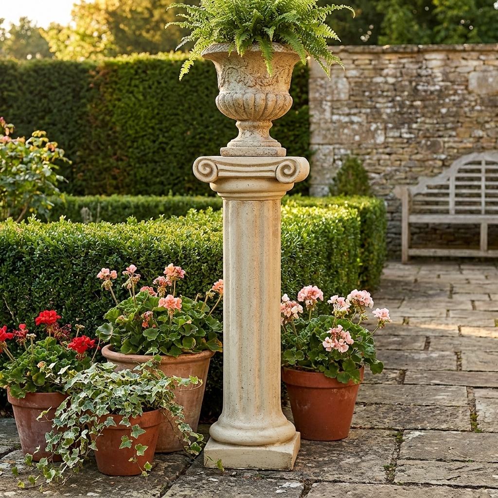 Colonne ionique grecque en pierre - 104 cm - ton patiné 2 Colonne ionique en pierre patinée avec pots de fleurs, produit numéro 238005