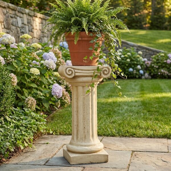 Colonne ionique en pierre reconstituée patinée avec chapiteau orné de volutes, référence 238006