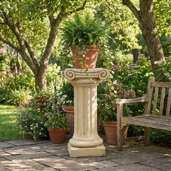 Colonne ionique en pierre patinée dans un jardin, référence produit 238006
