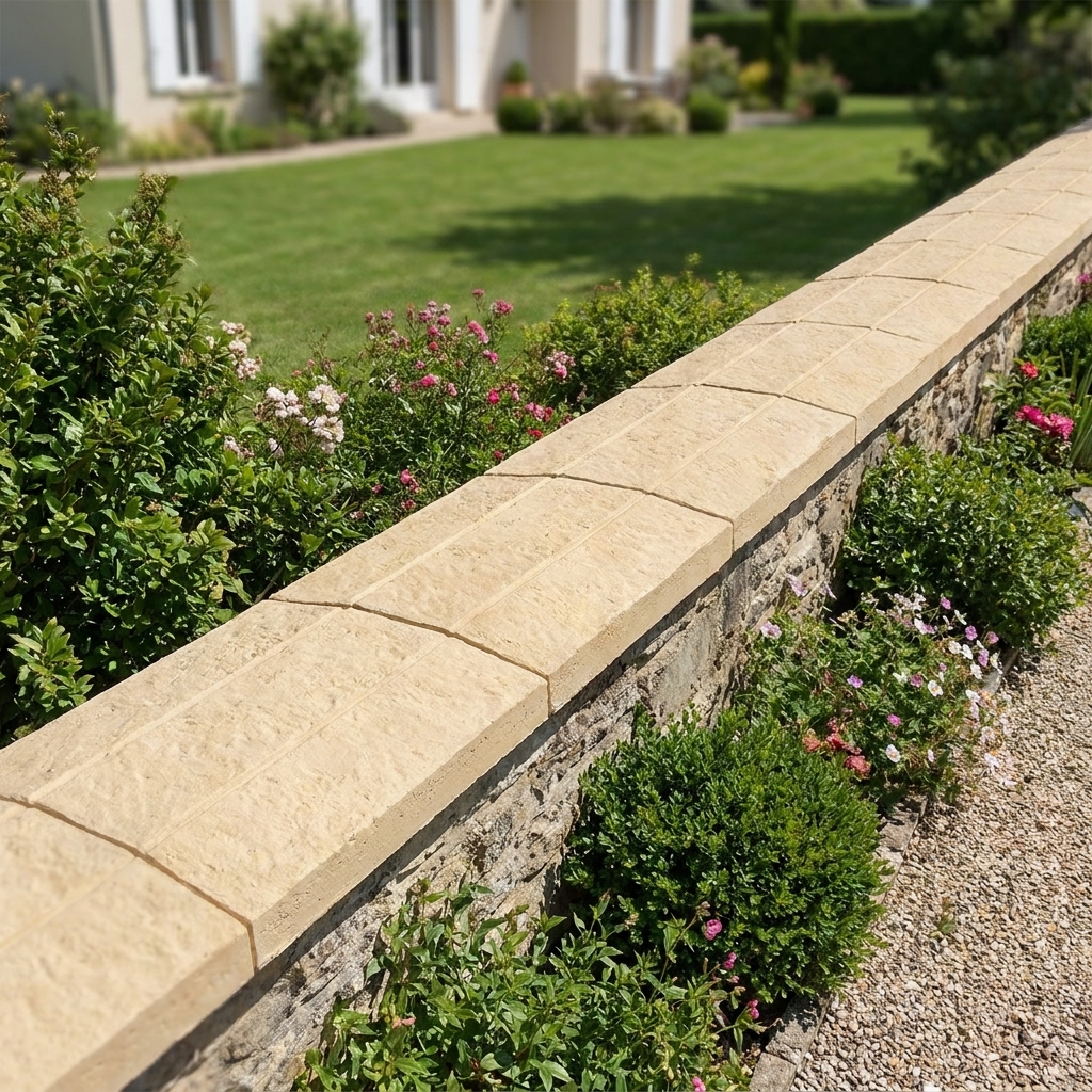 Image principale de la couvertine de muret 3 pans ton pierre référence 212541 installée sur un muret dans un jardin, montrant son style rustique et authentique.