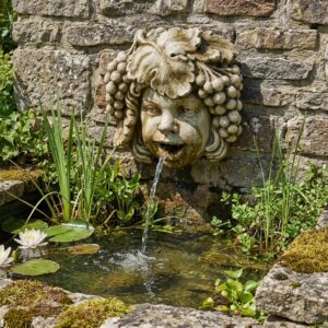 Ce cracheur d'eau pour bassin reprend le visage sculpté de Bacchus