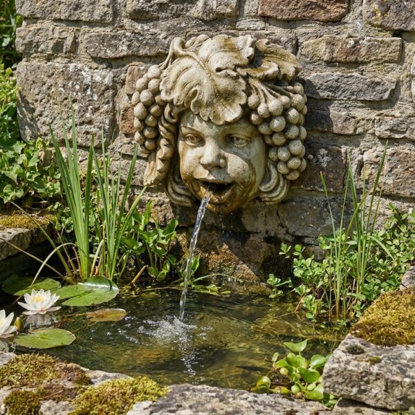 Ce cracheur d'eau pour bassin reprend le visage sculpté de Bacchus