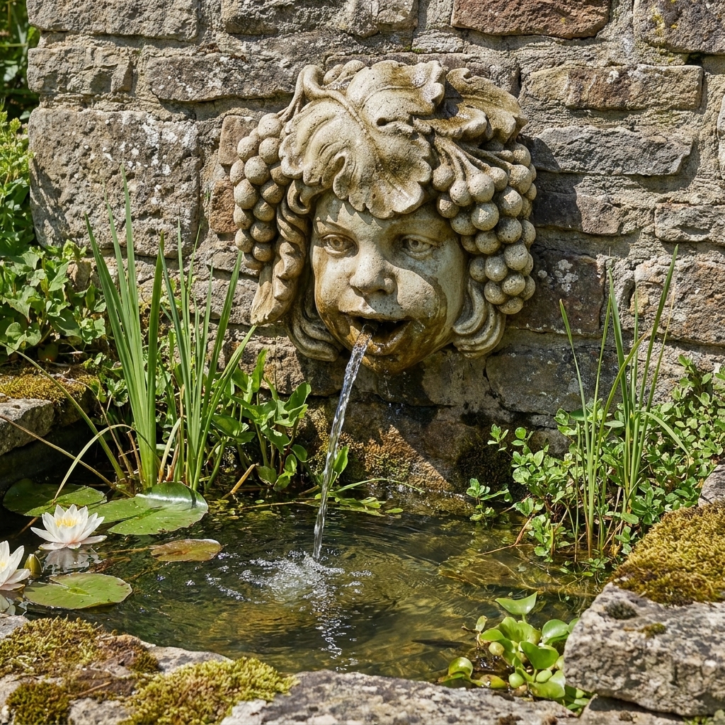 Cracheur d'eau pour bassin, tête de Bacchus - 30 cm - ton patiné 1 Cracheur d'eau pour bassin, tête d'Éole, ton patiné