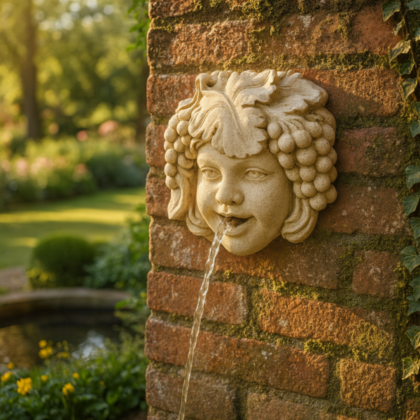 Ce cracheur d'eau pour bassin reprend le visage sculpté de Bacchus avec un ton patiné qui lui confère un aspect intemporel. Le visuel représente le cracheur d'eau fixé à un mur.