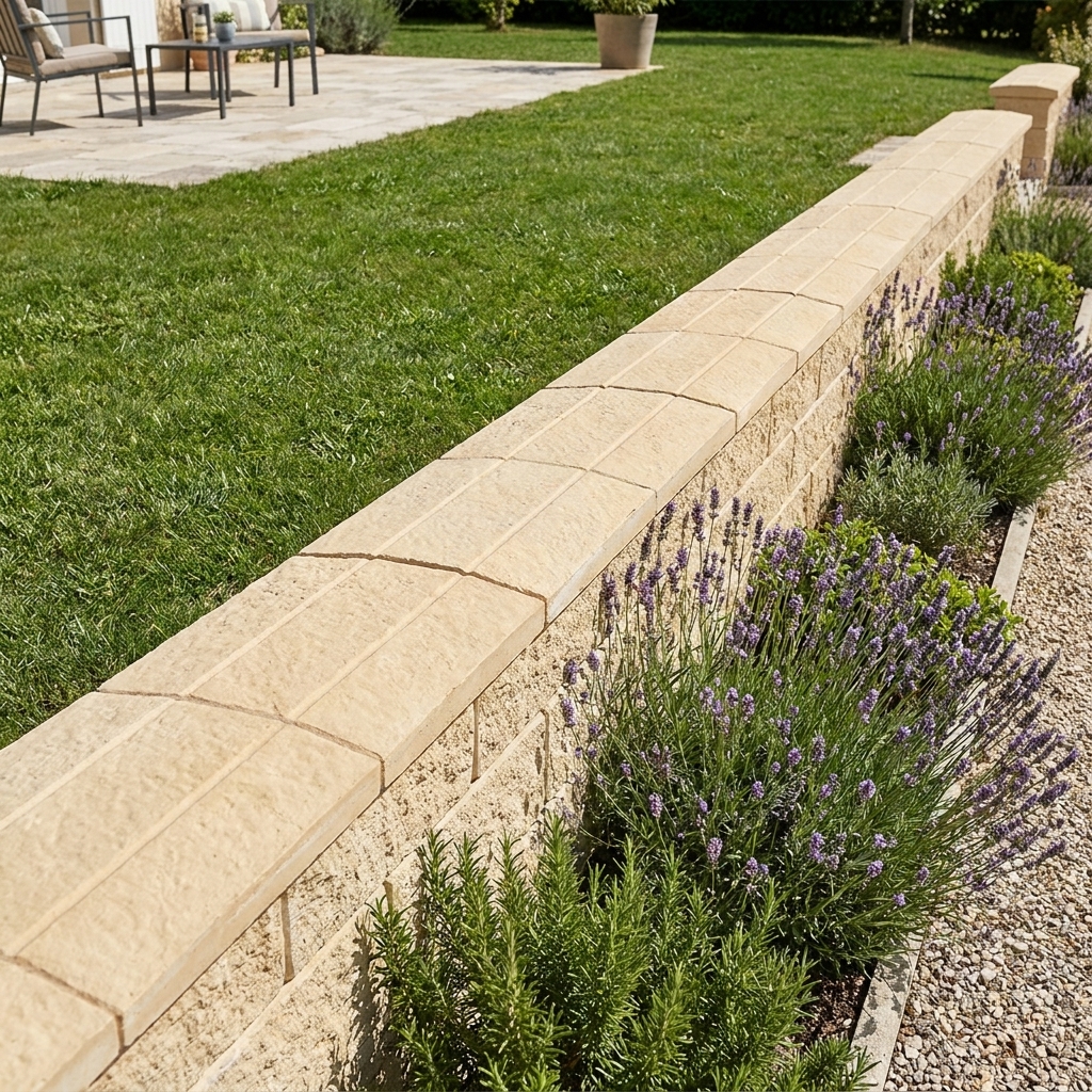 Dessus de muret pierre 3 pans - largeur 26 cm - minimum 20 pièces 1 Vue principale du dessus de muret pierre ton pierre de 3 pans installé dans un jardin, référence produit 212543