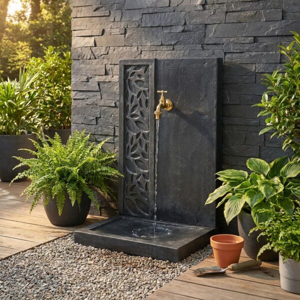 fontaine de jardin moderne au motif feuillage sculpté apporte une touche végétale et graphique à votre extérieur