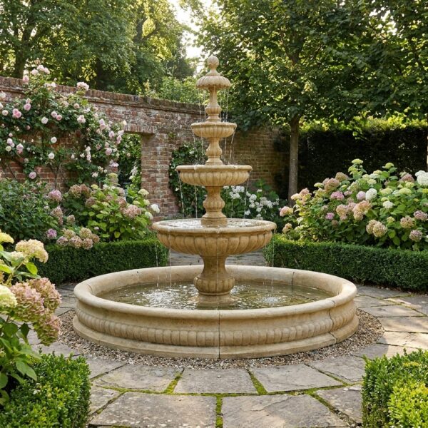 Fontaine et bassin de jardin Talianat 3 étages, image principale, ton vieilli, référence VPF210