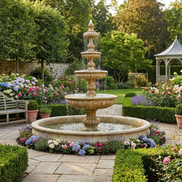 Fontaine et bassin de jardin Talianat 3 étages - 300 cm - ton vieilli, image principale de la fontaine montrant son intégration harmonieuse dans un jardin fleuri, référence VPF210