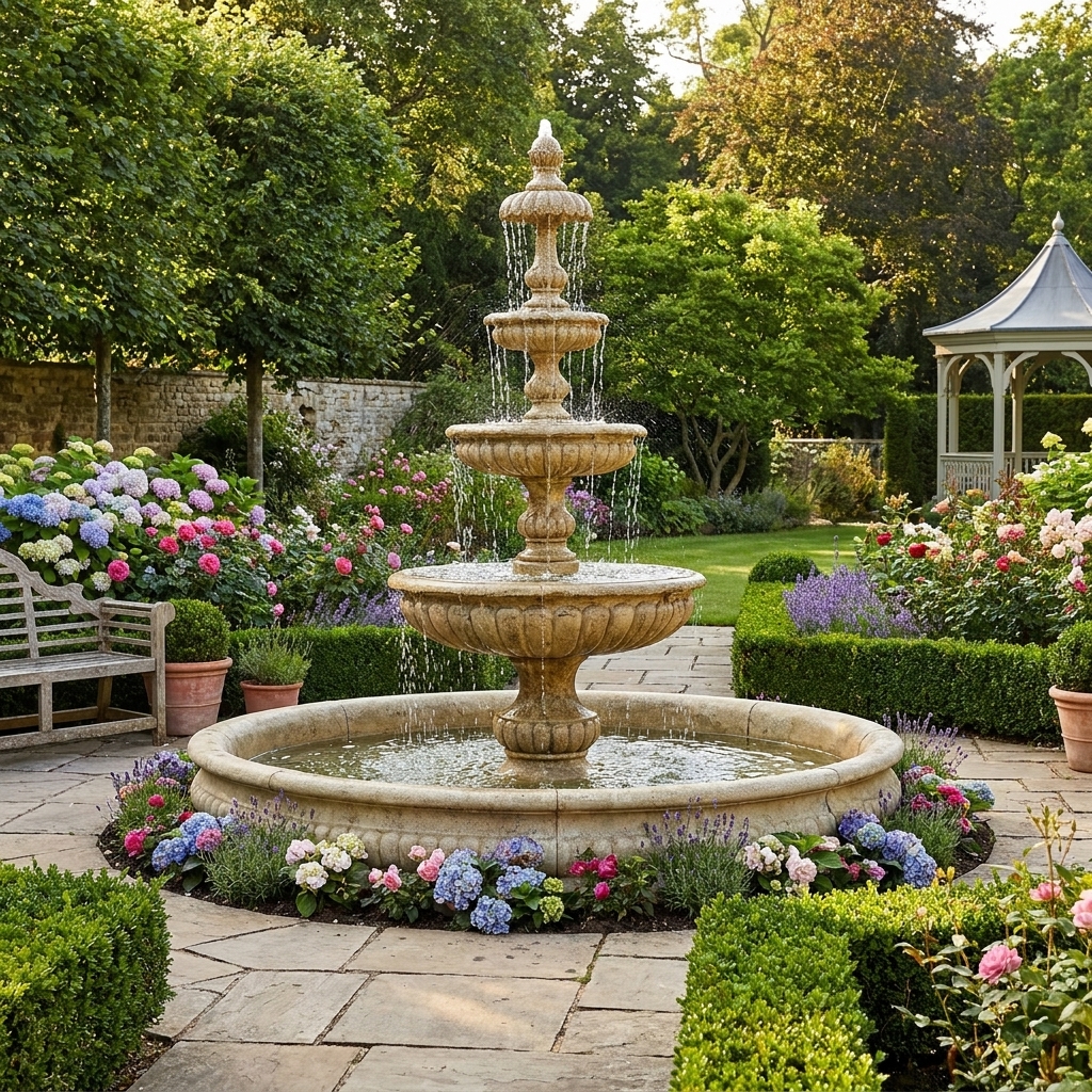 Fontaine et bassin de jardin Talianat 3 étages - 300 cm - ton vieilli, image principale de la fontaine montrant son intégration harmonieuse dans un jardin fleuri, référence VPF210