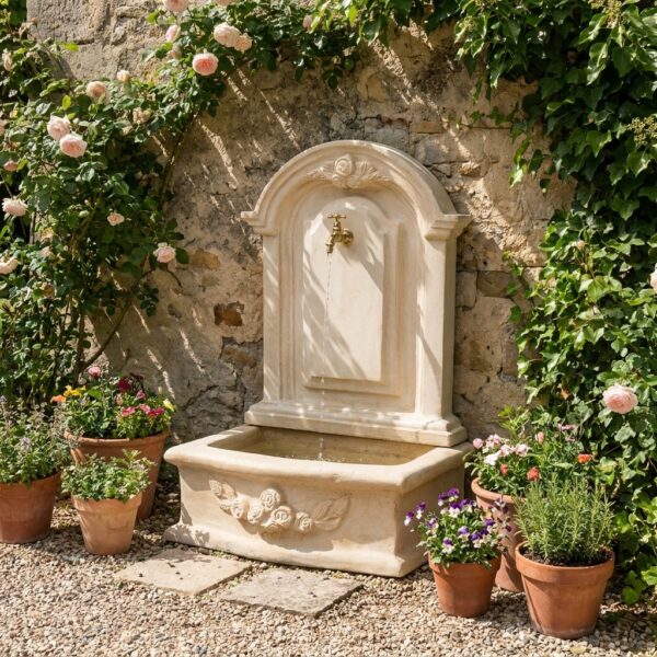 fontaine pierre exterieur Fontaine en pierre extérieure Romantique - 119 cm - ton vieilli, référence 216001, présentée dans un jardin avec fleurs