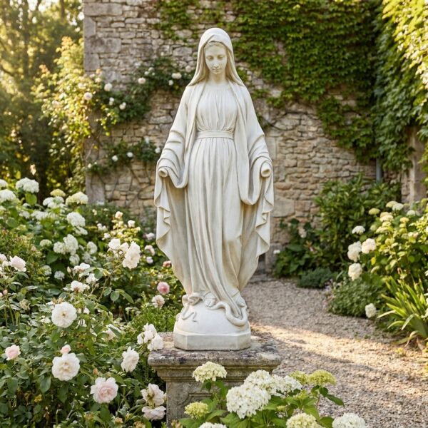 Grande statue Vierge Marie modèle Grâce en pierre reconstituée dans un jardin, référence 215326