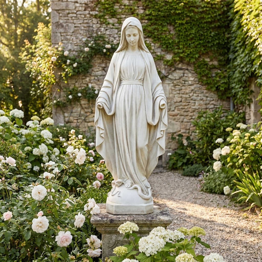 Grande statue Vierge Marie modèle Grâce en pierre reconstituée dans un jardin, référence 215326