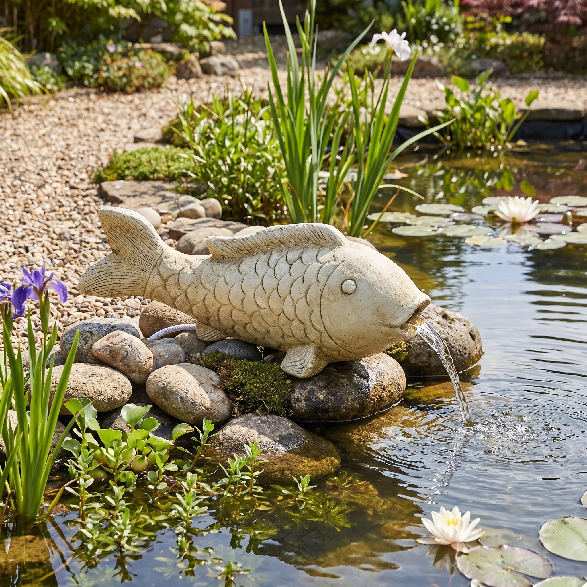 Jet d'eau pour bassin en forme de carpe Koï japonaise, ton vieilli