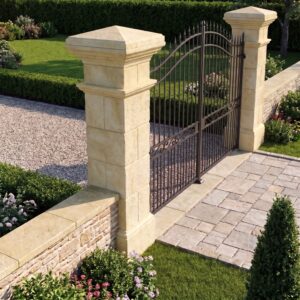 Image principale du kit pilier portail 40x40 Touraine - référence 212216 montrant l'installation dans un jardin
