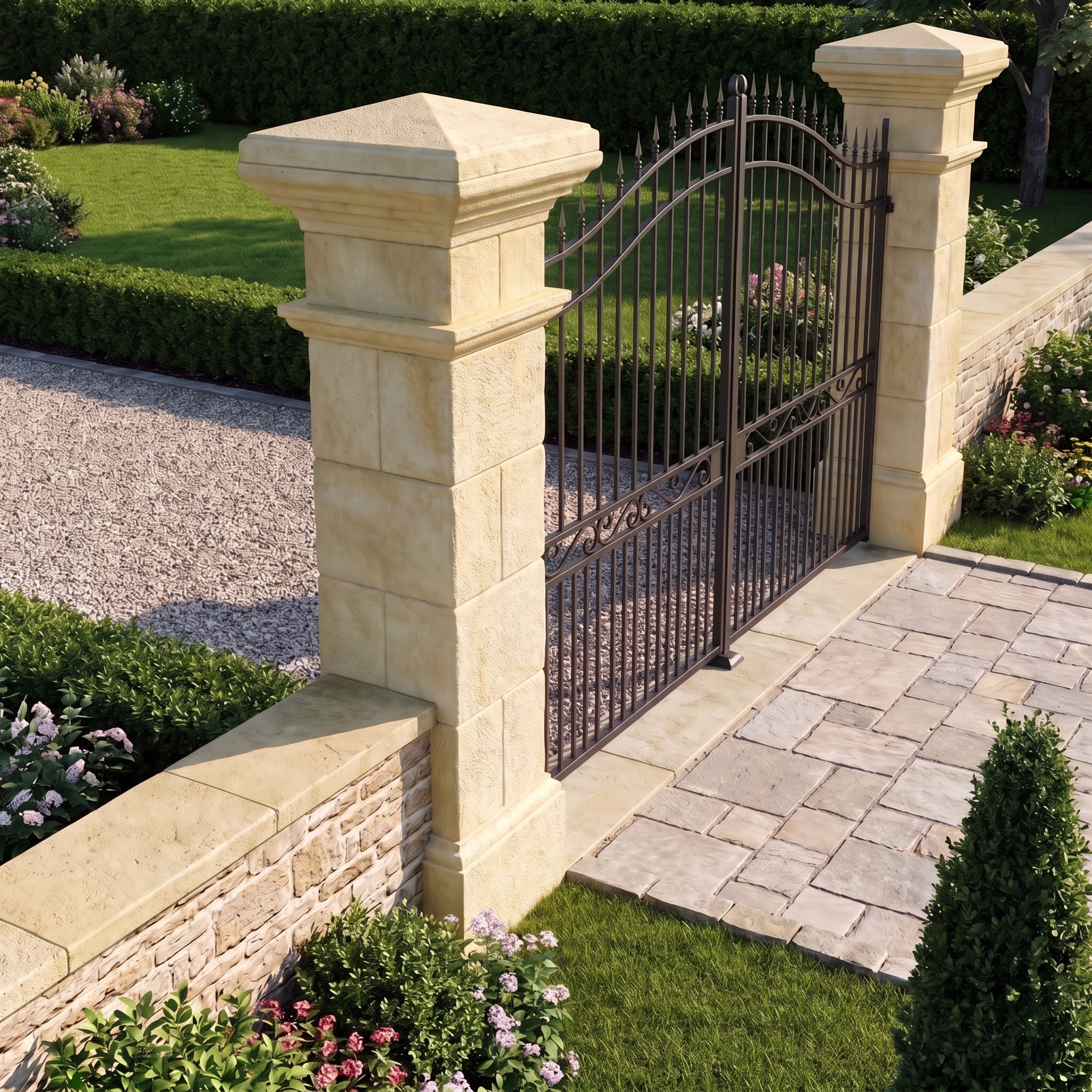 Image principale du kit pilier portail 40x40 Touraine, référence 212216, installé dans un jardin paisible.