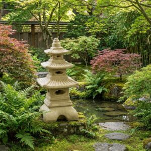 Lanterne japonaise en pierre de 50 cm dans un jardin zen, référence 215220