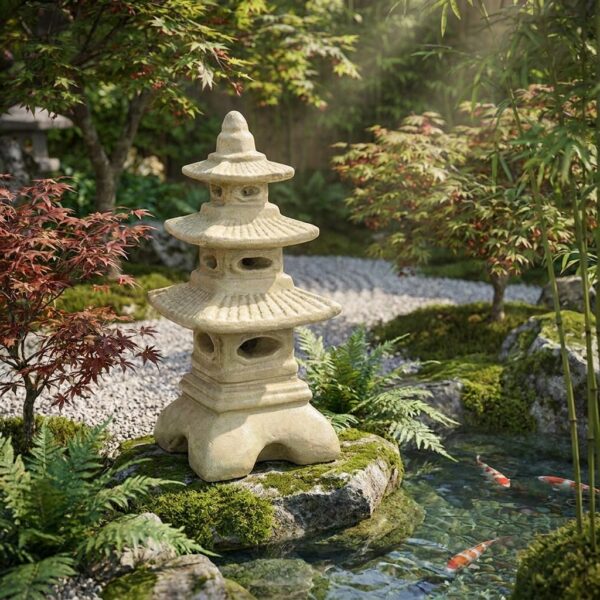 Lanterne japonaise en pierre ton vieilli dans un jardin zen avec des plantes et un étang. Illustration générée non contractuelle. Référence 215220.