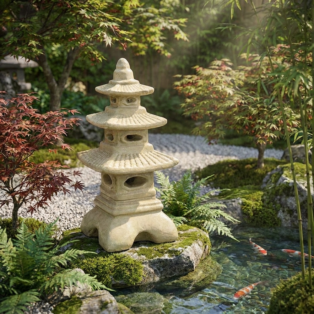 Lanterne japonaise en pierre Kyoto - 50 cm - ton vieilli 2 Lanterne japonaise en pierre ton vieilli dans un jardin zen, référence 215220