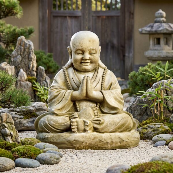 Statue principale de moine tibétain assis - 53 cm - ton patiné, en pierre reconstituée dans un jardin