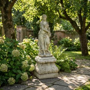 Petit socle en pierre carré pour statue dans un jardin luxuriant