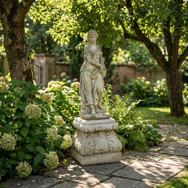 Petit socle en pierre carré pour statue dans un jardin luxuriant