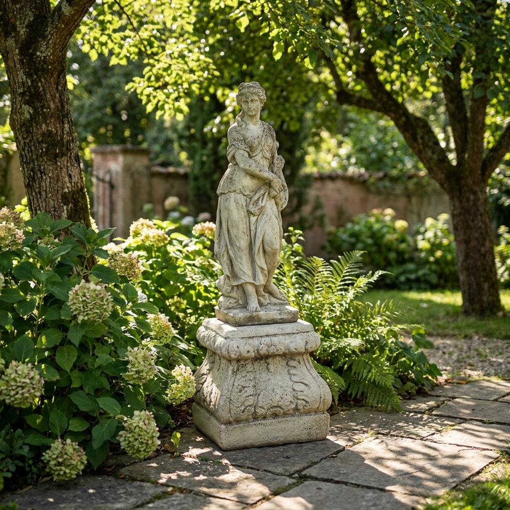 Petit socle en pierre carré pour statue dans un jardin luxuriant