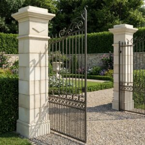 Image principale du kit pilier de portail pierre Saintonge, référence 212152, montrant le pilier blanc avec moulure et chapeau atypique dans un jardin.