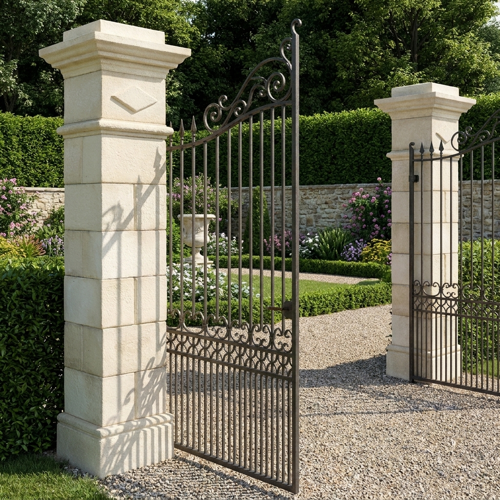 Image principale du pilier de portail pierre Saintonge, référence 212152, montrant le pilier blanc avec moulure et chapeau atypique dans un jardin.