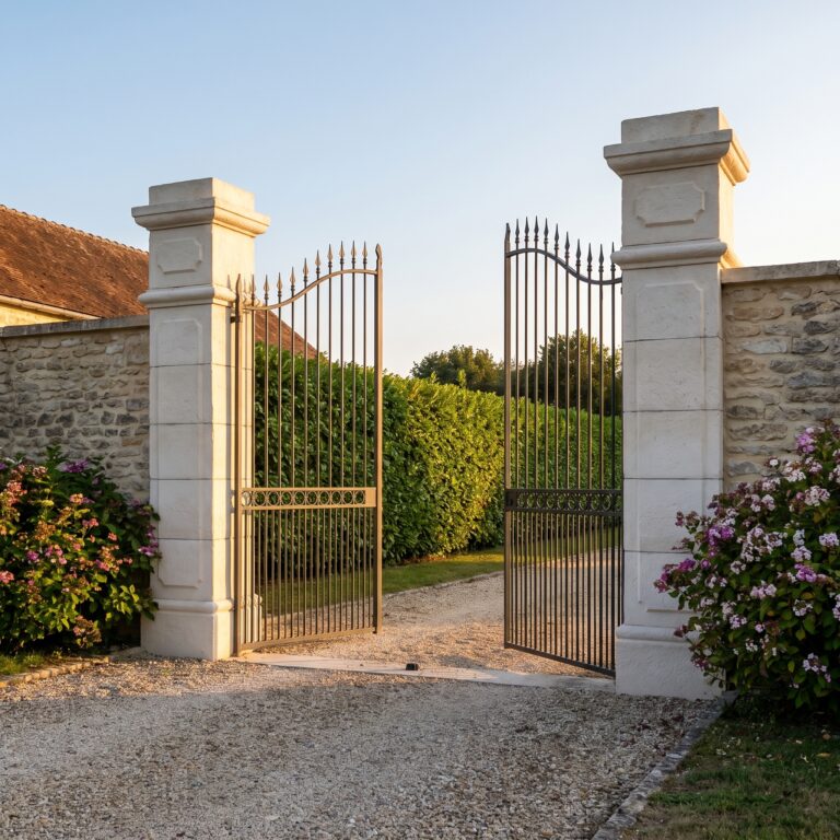 Pilier de portail Médoc en kit avec portail métallique et jardin fleuri, référence 212155