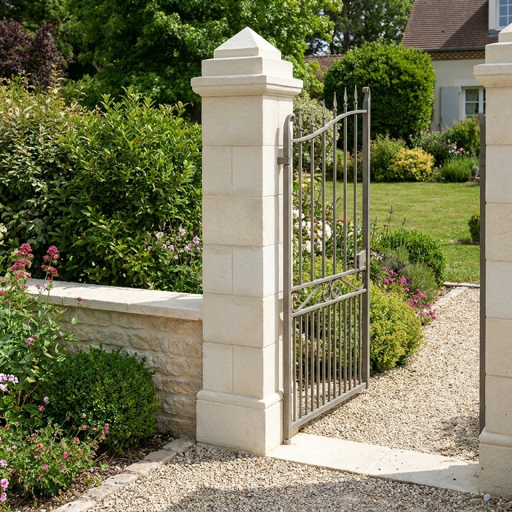 Pilier de portail en pierre Périgord blanc 30x30 cm avec portail en fer forgé, référence 212154