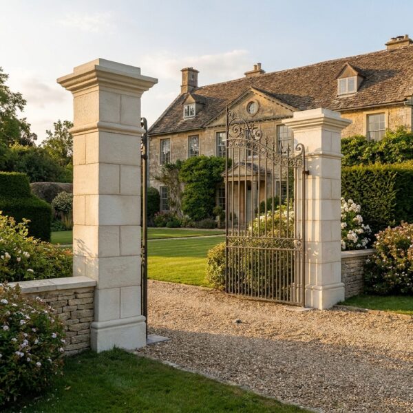 Image principale du poteau de portail en pierre Chinon - vue d'ensemble à l'entrée d'une propriété
