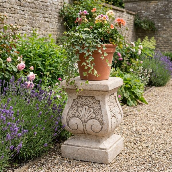 Socle en pierre pour jardin avec pot de fleurs - modèle haut, référence 215349