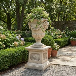 Socle en pierre pour statue ou vase Médicis - Image principale - Illustration dans un jardin