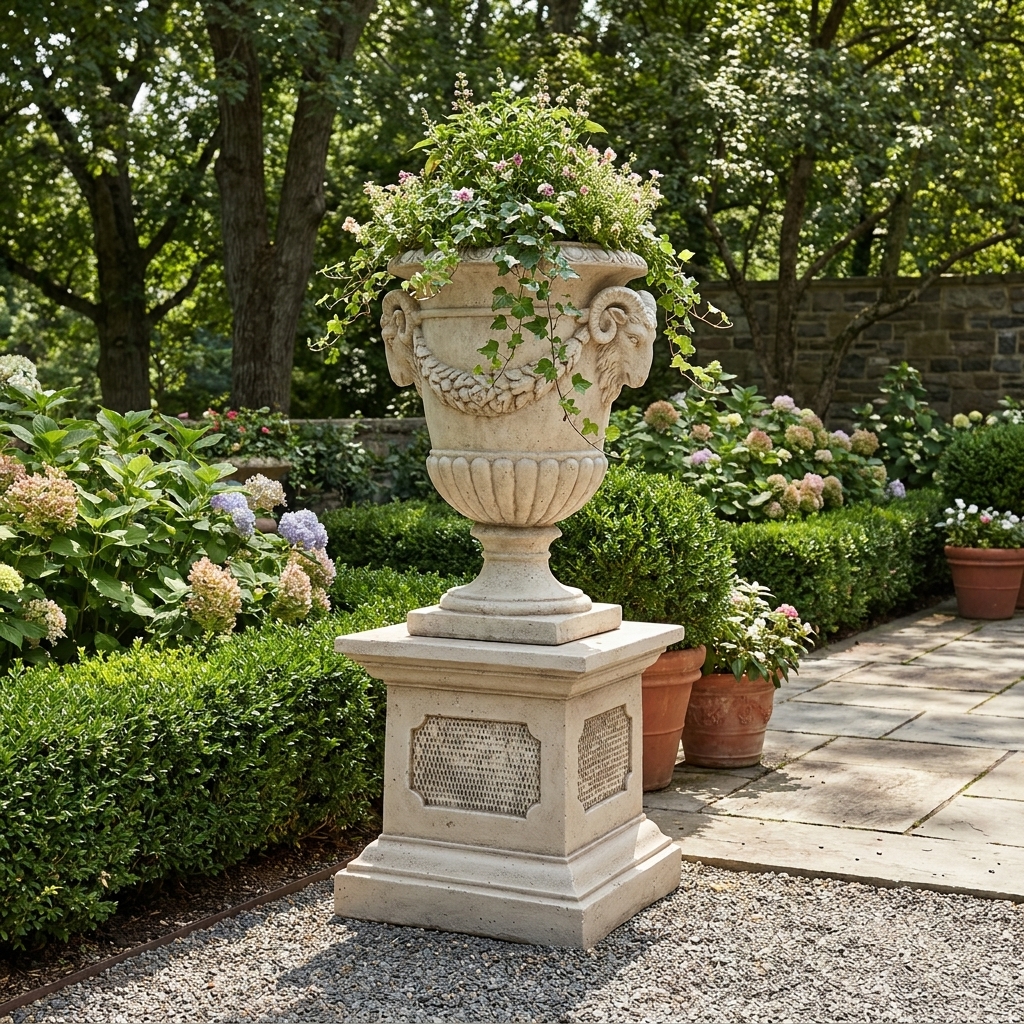 Socle en pierre pour statue Médicis avec tête de bélier - Image principale - Illustration dans un jardin